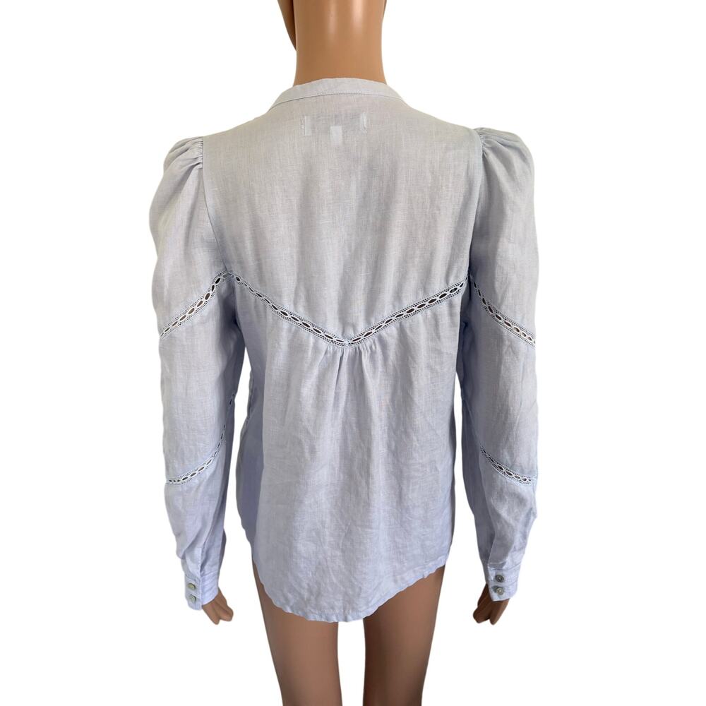 Scalpers Linen Blouse M Blue Pintuck Puff Sleeve Euro Summer Coastal Boho Top - Picture 7 of 10